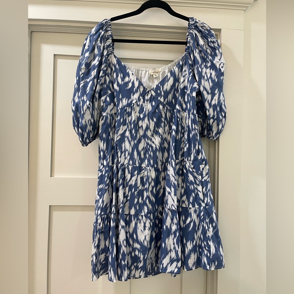 Anthropologie Blue and White Printed Puff-Sleeve Mini Dress